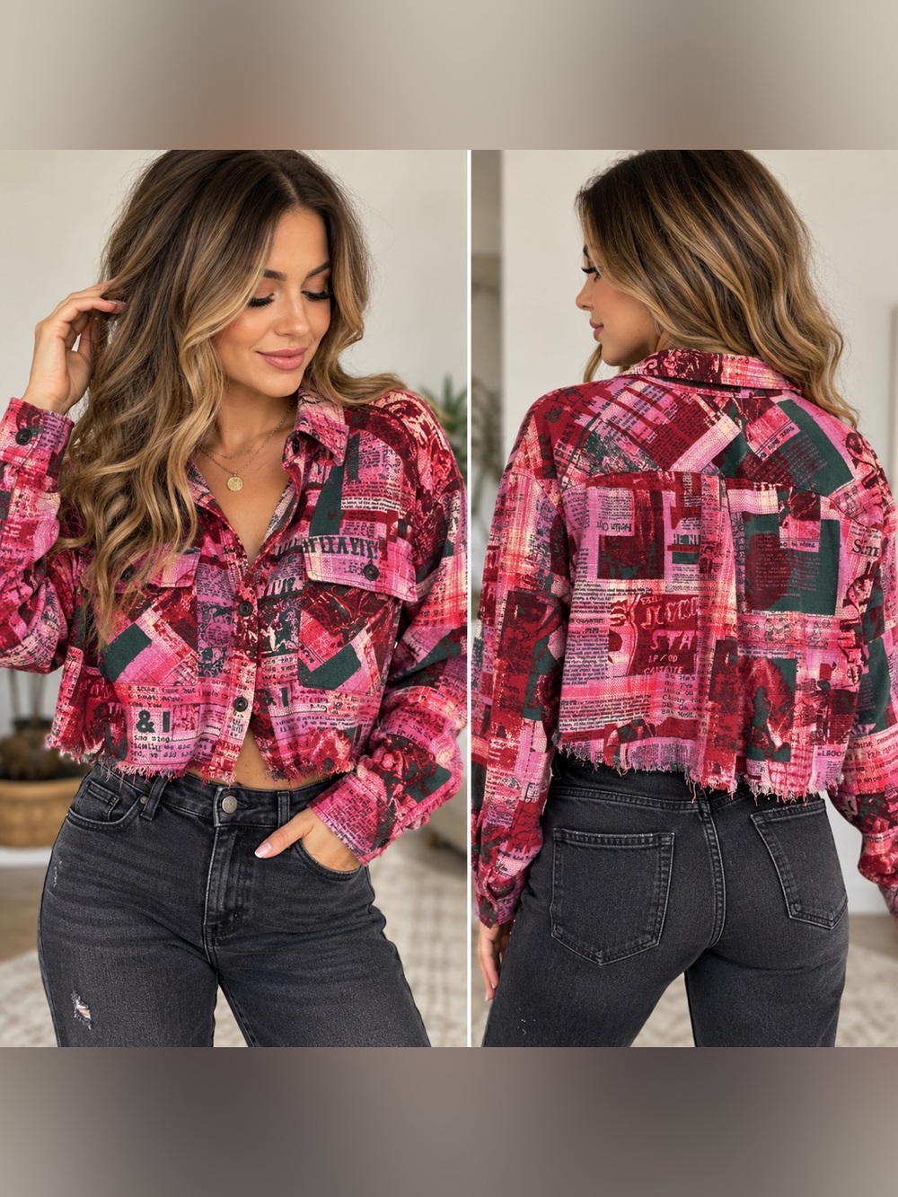 BDG Urban Outfitters Pink Newspaper Graphic Cropped Button Up Shirt S